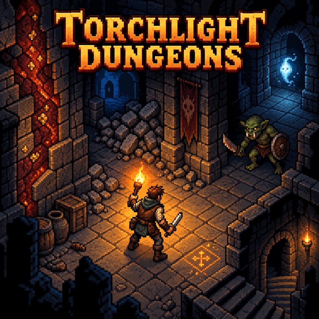 An adventurer with a torch in a dungeon, a goblin at the edge of the light