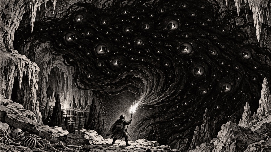 Morrowgloom, the Lantern-Eater: a vast living darkness filling a cavern, a thousand small eyes in it each holding a tiny reflected flame, a lone delver's torch at the bottom of the frame, its light bending towards the dark.