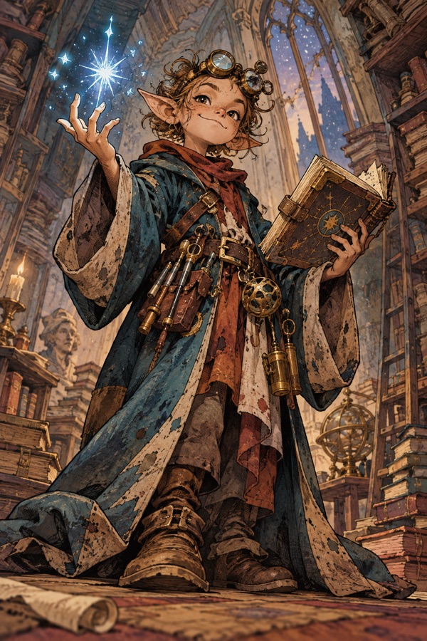 A young Tinkerling Arcanist of the Collegium of Sparks (small, quick-handed, magnifying spectacles pushed up on the forehead), in ink-stained robes too long for them, a battered book open in one hand and a crackling spark of cold starlight jumping from the other, in a crooked library of unused rooms.