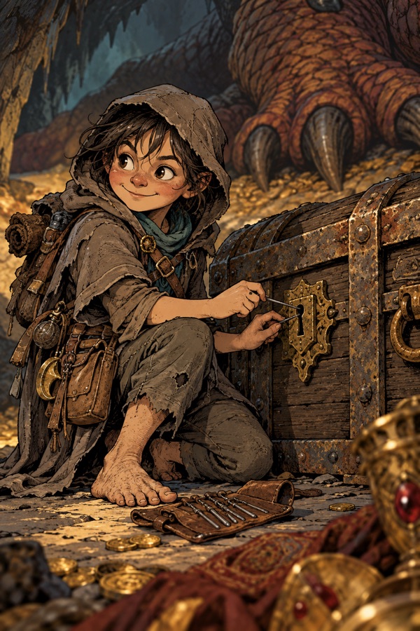 A Burrowfolk Delver of the Quiet Hand (small, bare-footed, bright-eyed and nimble) in grey, half in shadow, kneeling at a locked chest with a roll of lockpicks, a sleeping monster's huge clawed foot just visible at the edge of the frame.