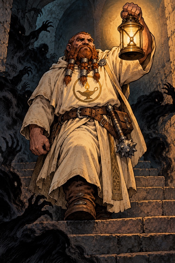 A Stonekin Lampwarden of the Order of the Lamp (broad, square-jawed, braided beard bound in iron rings) in simple cream robes with the lamp sigil, a brass lantern held high casting a warm halo, a mace at the belt, stepping down a dark stair while the shadows recoil from the light.