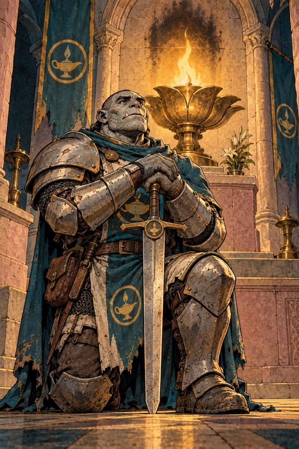 A Marrowkin Oathknight (small tusks, heavy brow, thick bones, calm eyes) in worn plate with the lamp sigil, kneeling to swear on a sword before the Eternal Lamp in a small stone temple.