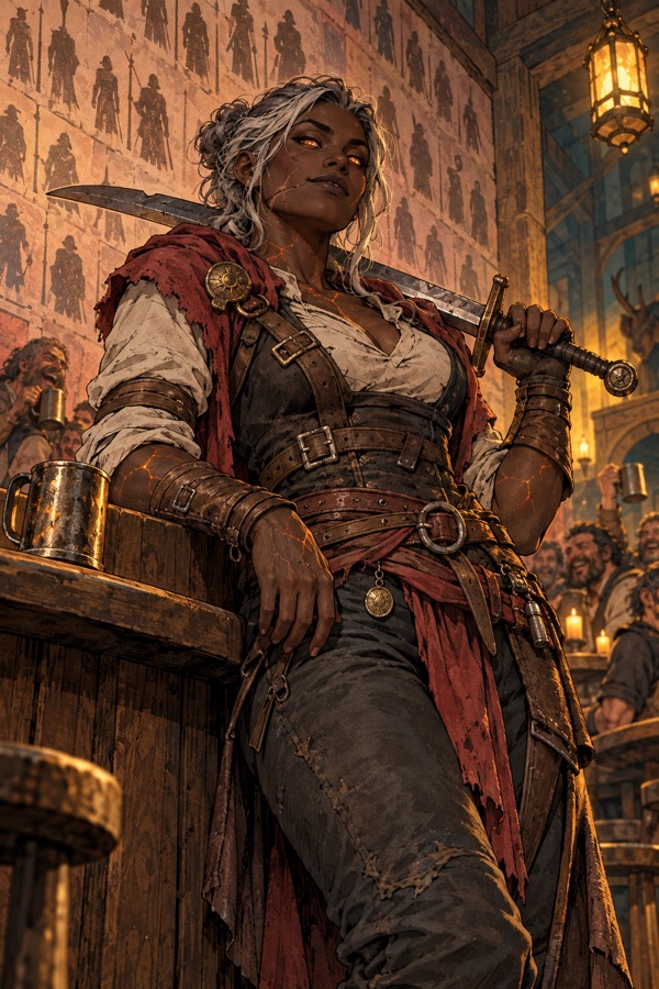 An Ashborn sellsword of the Free Companies (ember-coloured glowing eyes, dark skin with faint orange cracks of light), a broad-shouldered woman with a scarred jaw and a notched long sword over her shoulder, leaning on the bar of a rowdy inn called The Last Lamp; behind her a long wall painted with the names of fallen delvers.