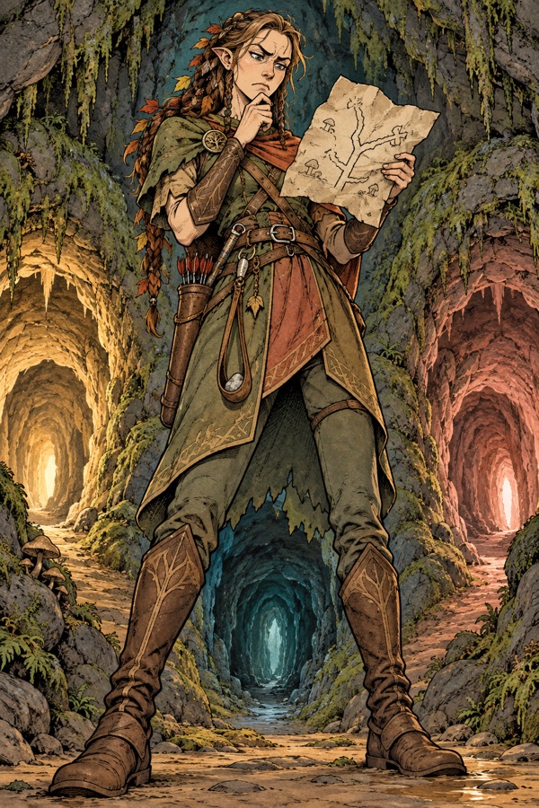 A Sylvan Wayfinder of the Wardens of Roads (tall and slender, keen grey eyes, long braided hair with leaves woven in) with a sling and a quiver of darts, frowning at a hand-drawn map that is visibly wrong, at a fork in a mossy cavern with three tunnels.