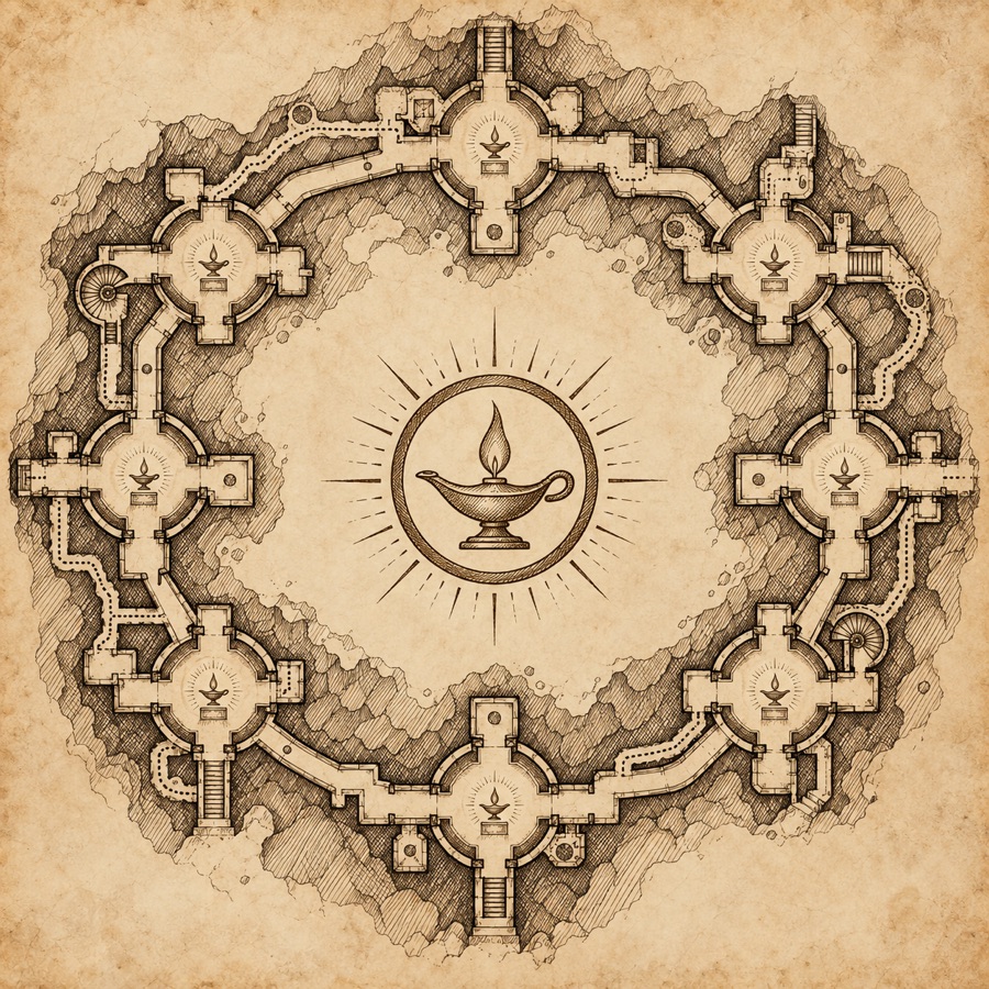 The plan of one lamp-ring from above: corridors and chambers linked into a loose circuit, a lamp symbol in each shrine chamber, hidden lamplighters' passages drawn as dotted lines, stairs up and down.