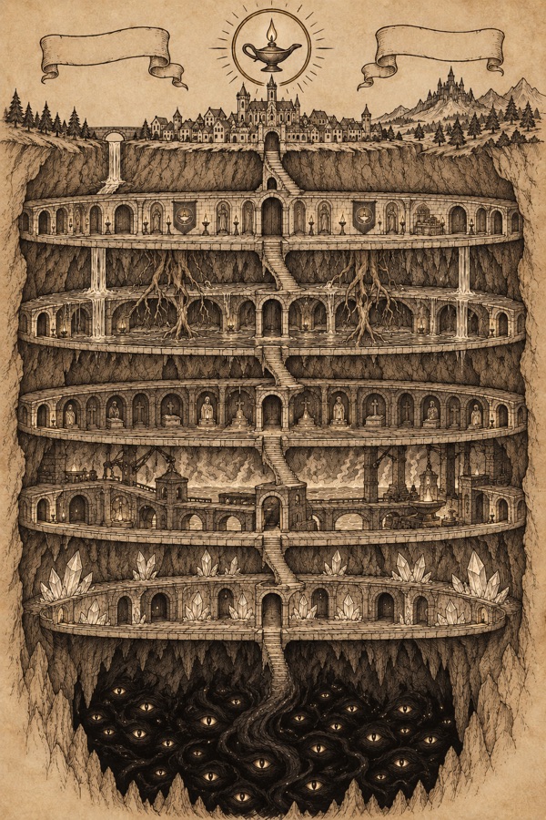 A tall cutaway of the Lampway seen from the side: the town at the surface, then five stacked rings going down (worked stone halls; drowned caverns with roots; crypts; forges by a magma lake; crystal walls), each ring a flat band of corridors with small lamp symbols, a long stair linking them, then a black pit with many small eyes; below the pit a ragged, half-dug sixth ring with empty lamp niches, and far beneath that, drawn in a different, older hand, a faint ring of tiny lamps.