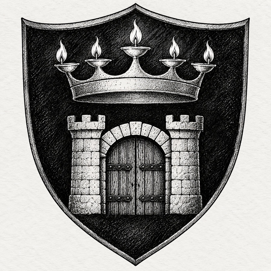 The arms of Aurenhold: a plain crown with lamp-shaped points above a gate, on a shield.