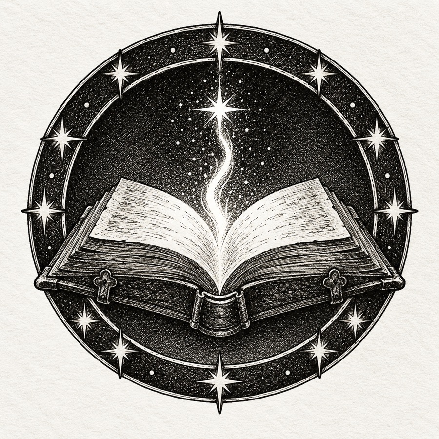 The Collegium of Sparks: an open book with a single spark rising from its pages, inside a ring of stars.