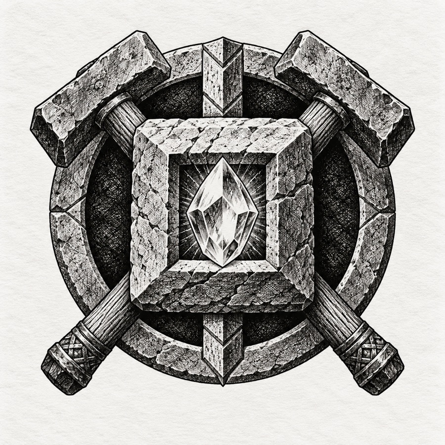 The Deephall clans: a square-cut stone with a glow crystal at its heart, framed by mason's hammers.