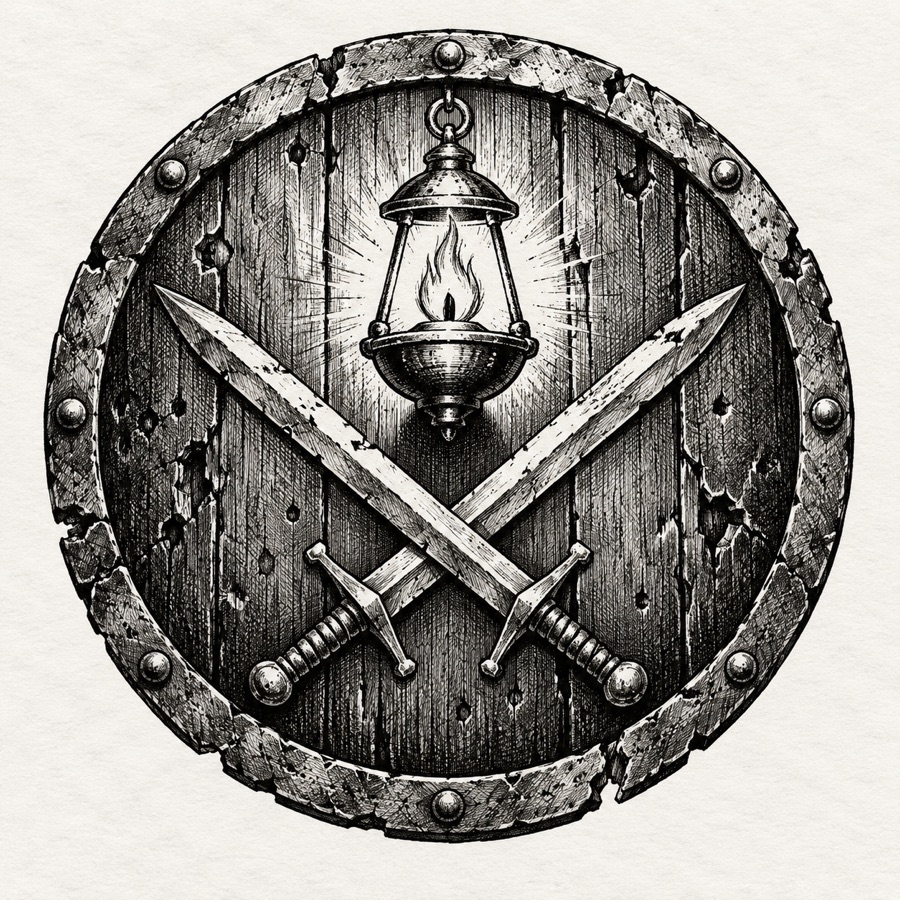 The Free Companies: two crossed swords below a lamp, on a battered round shield.