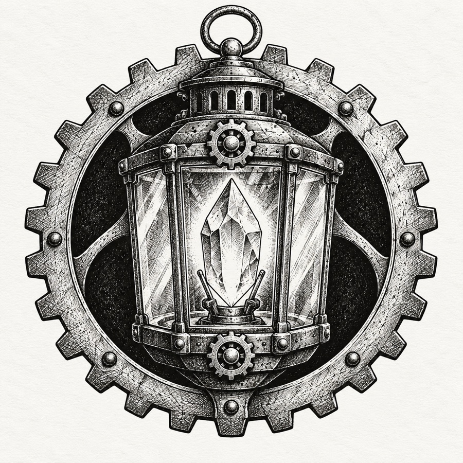 The Lantern Guild: a lantern made of gears and glass, a crystal inside it.