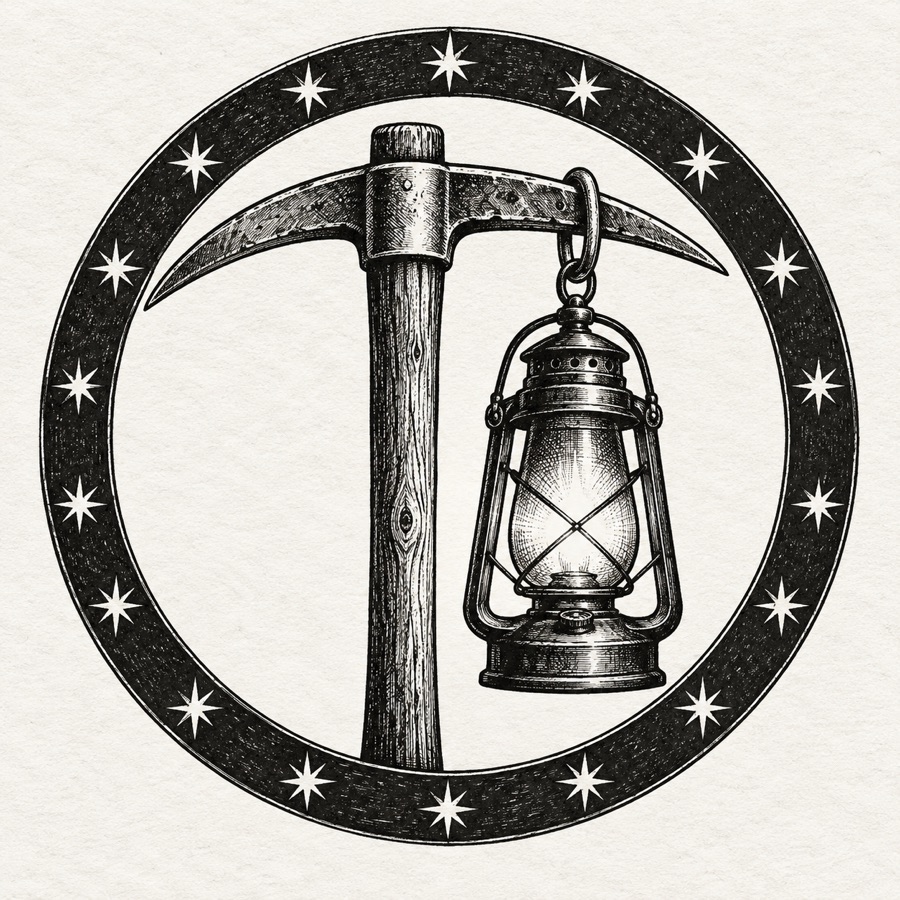 The town seal of Lanternhollow: a lantern hanging from a miner's pick, inside a ring of small stars.