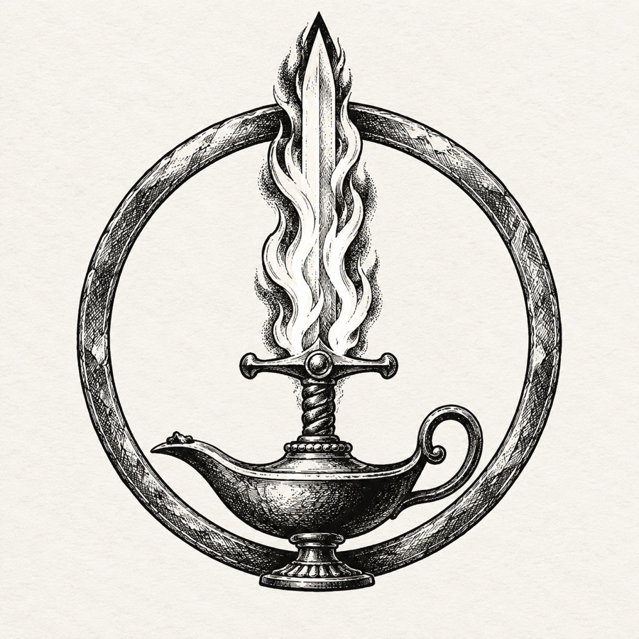 The Oath of the Unbroken Flame: an upright sword whose blade is a tall flame, inside the lamp-sigil ring.