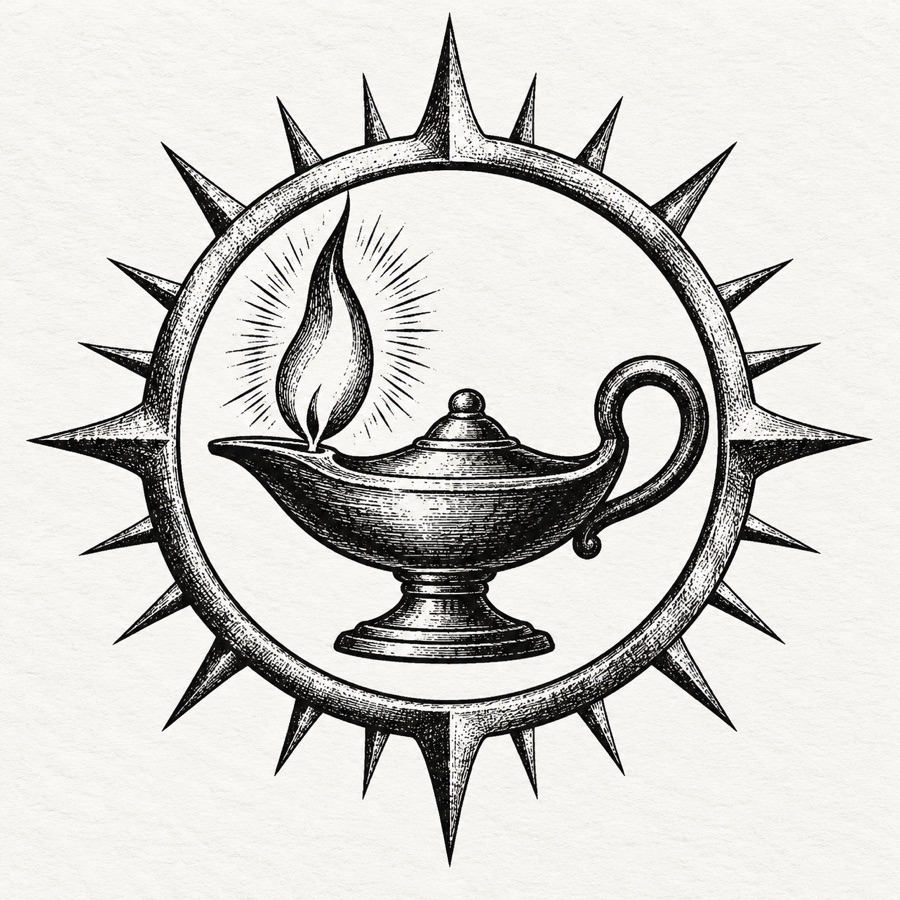 The lamp sigil: an oil lamp with a single flame inside a ring, rays around it.
