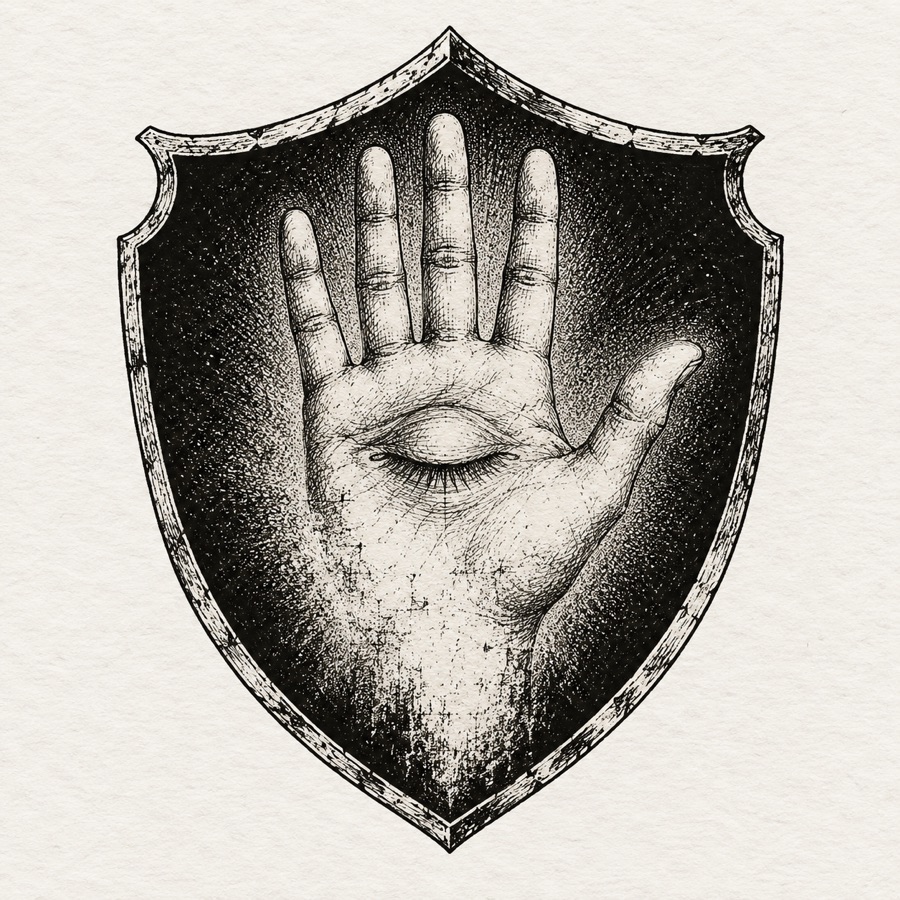 The Quiet Hand: an open hand with a closed eye in the palm, drawn faintly, as if half erased.