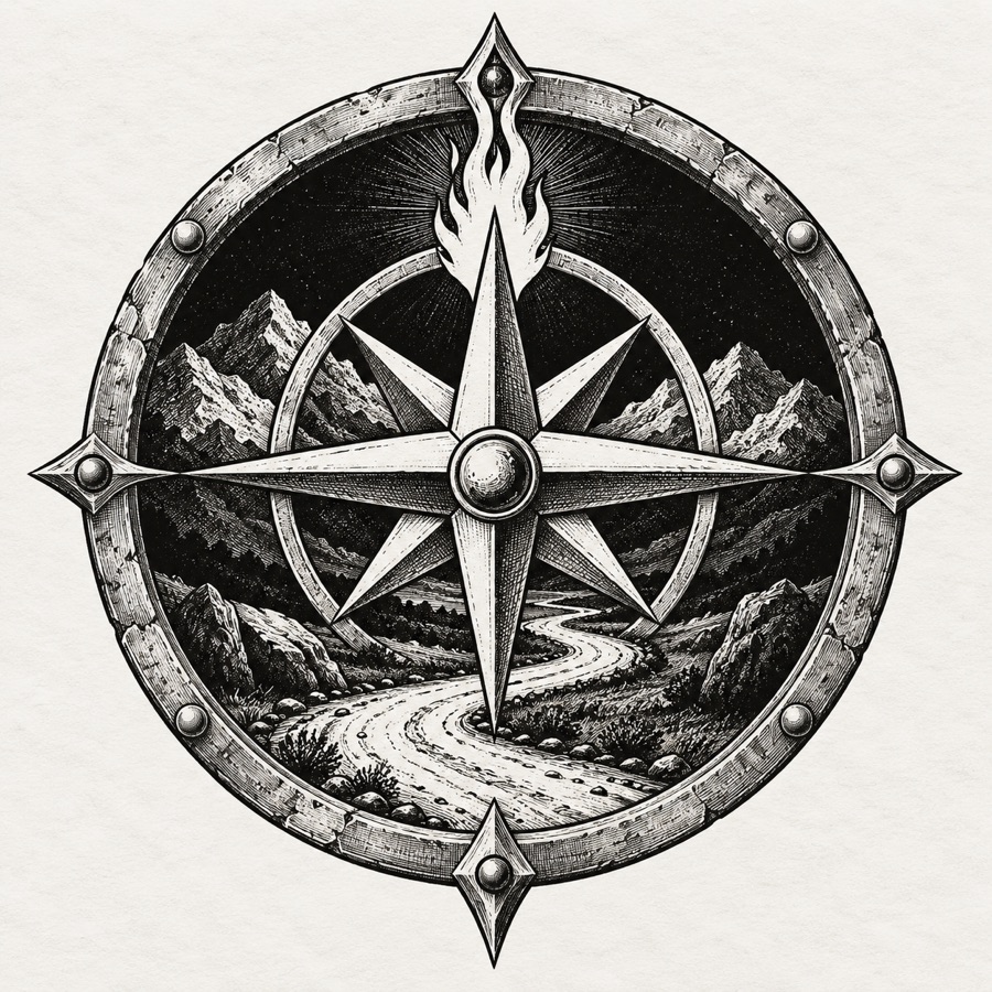 The Wardens of Roads: a compass rose whose north point is a flame, over a winding road.