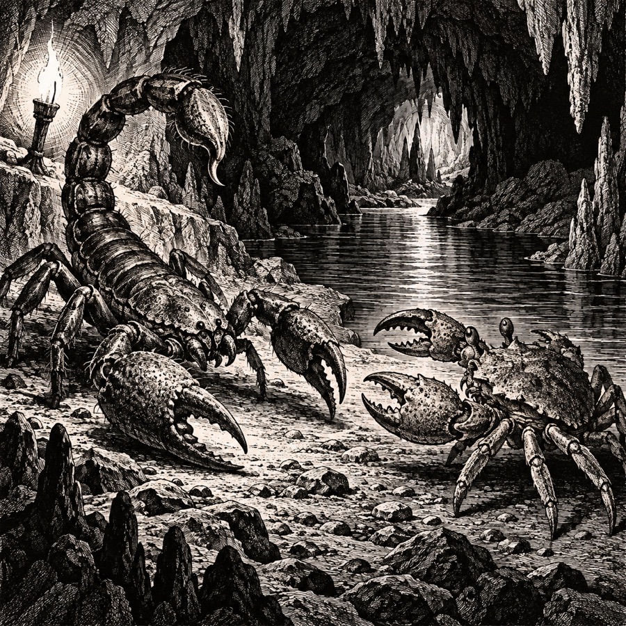A giant scorpion and a cave crab facing each other on the bank of an underground river.