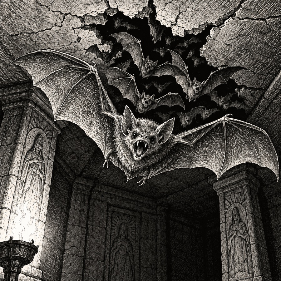 Bats boiling out of a crack in a shrine ceiling, a screech bat in front with its mouth open in a shriek.