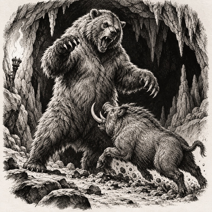 A cave bear rearing up in a cavern, a tusked boar charging beneath it.