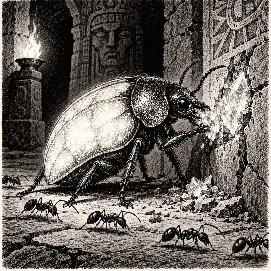 A lamp beetle with a softly glowing shell gnawing at a glow crystal in a shrine wall, fire ants marching past.