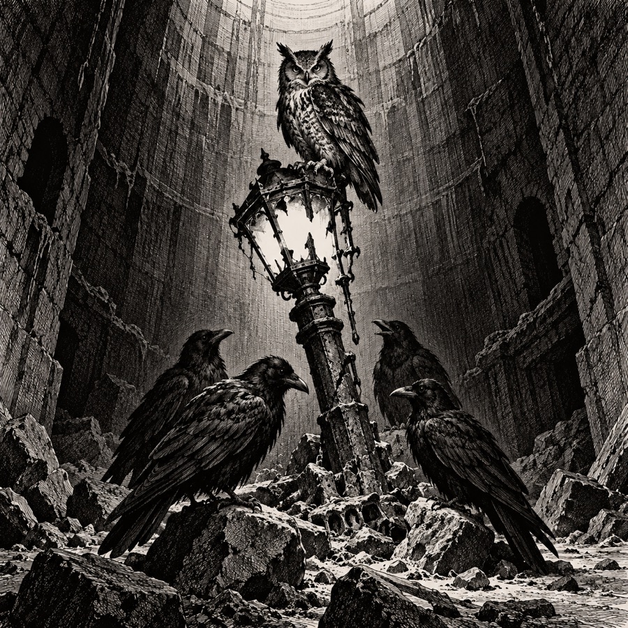 Deep rooks and a storm owl roosting on a broken lamp-post at the bottom of a shaft.