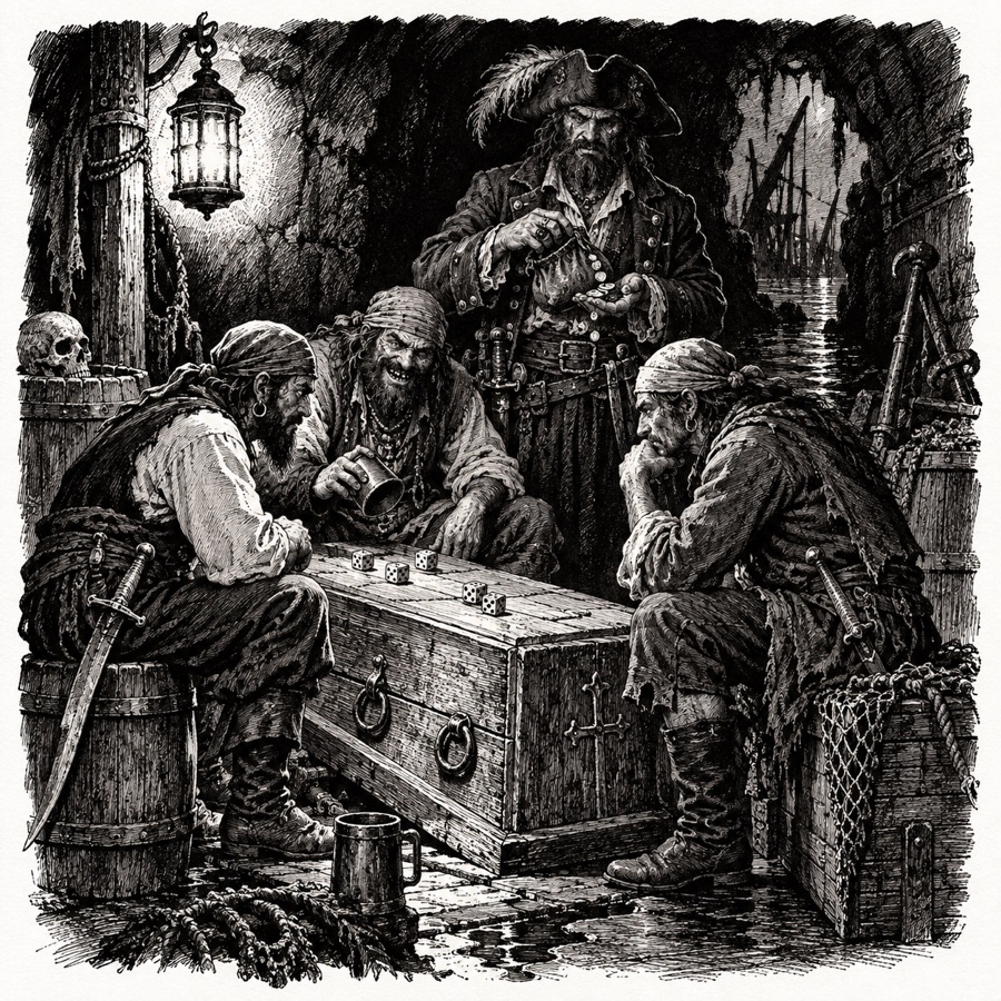 Brigands of the Deep playing dice on an upturned coffin, a captain counting a delver's purse.