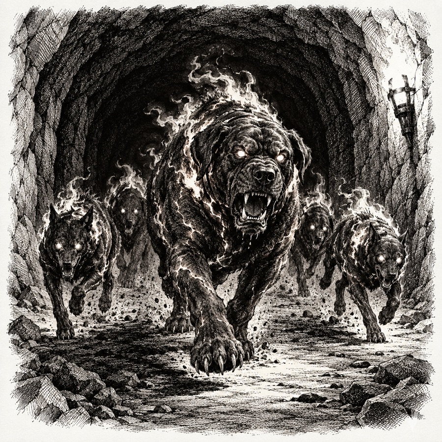 A pack of ash hounds with smouldering fur running through a tunnel, a cinder mastiff leading.