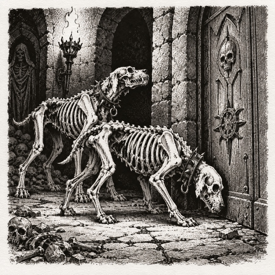 Bone hounds of the Marrow Guard, skeletal war dogs in spiked collars, sniffing at a crypt door.