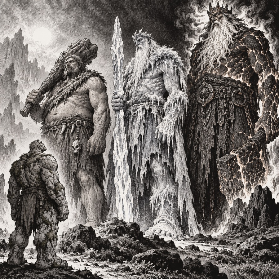 A hill giant, a frost giant and a fire giant in a row, each larger and stranger, with a Cragborn looking up at them in sorrow.