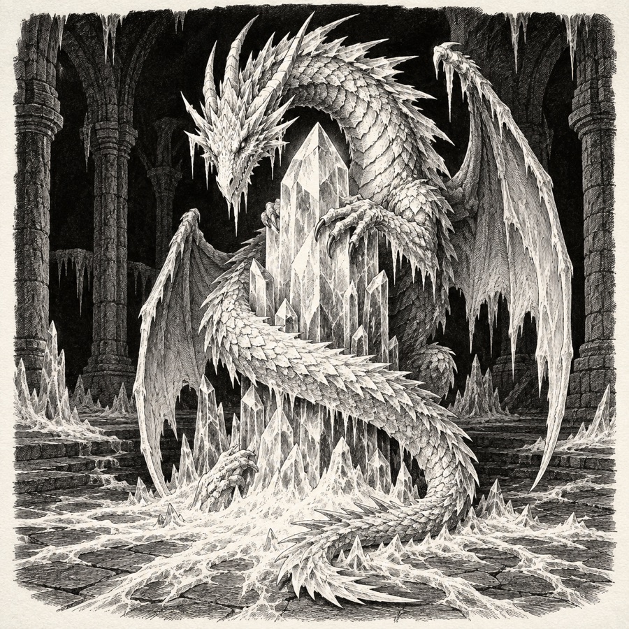 A rime dragon coiled around a crystal pillar, frost spreading across the floor.