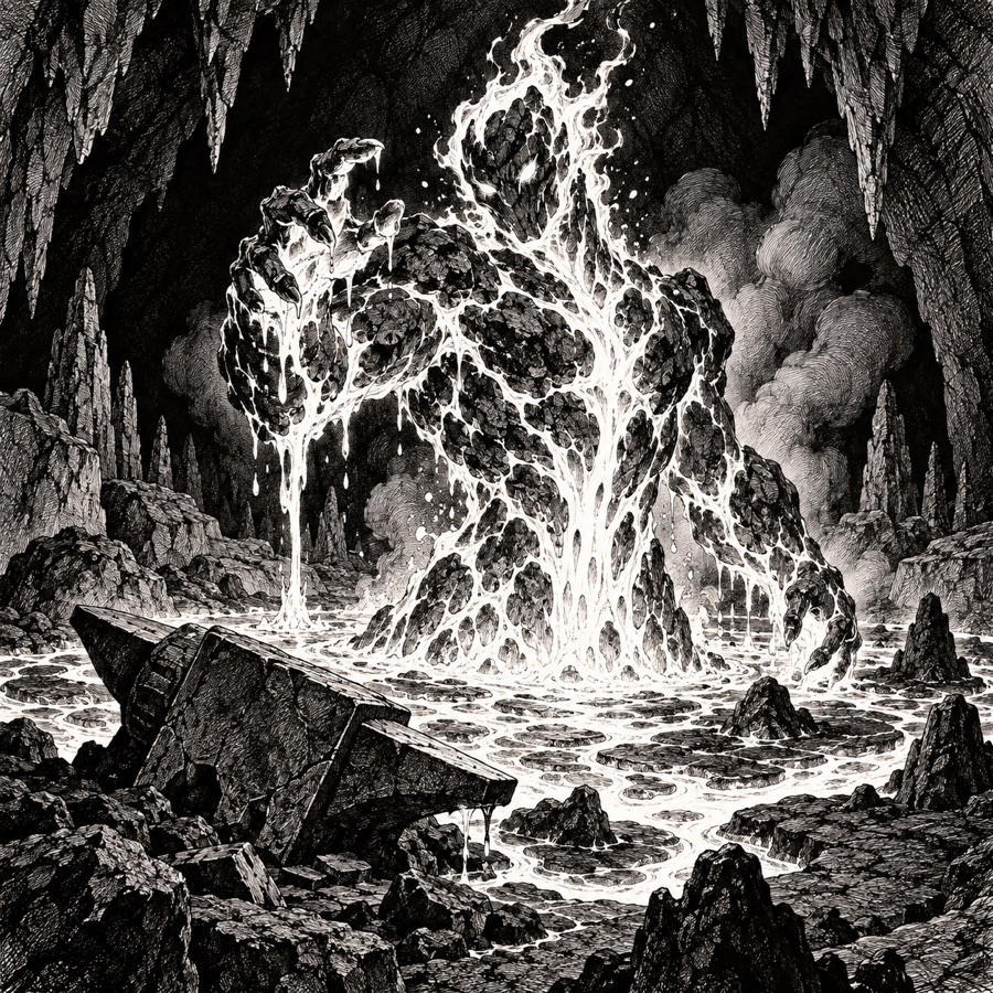 A magma spirit rising out of a lava pool beside a fallen Ashborn anvil.