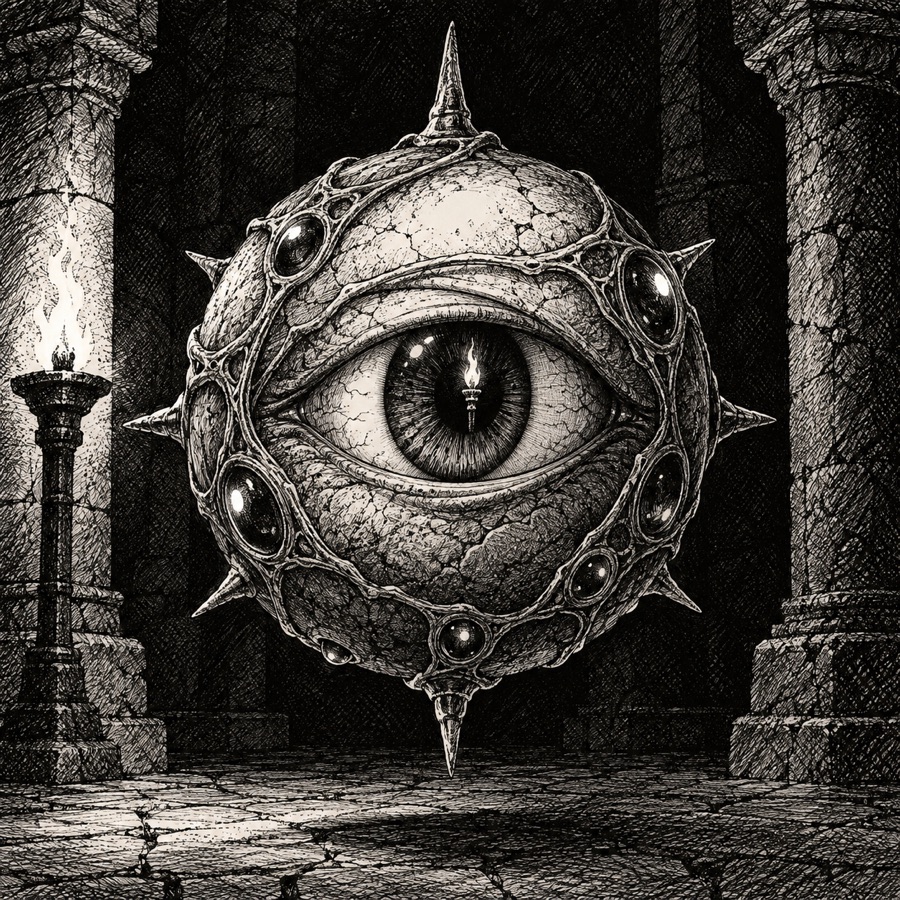 A watcher orb floating in a dark chamber, one great eye with a tiny reflected flame in its pupil.