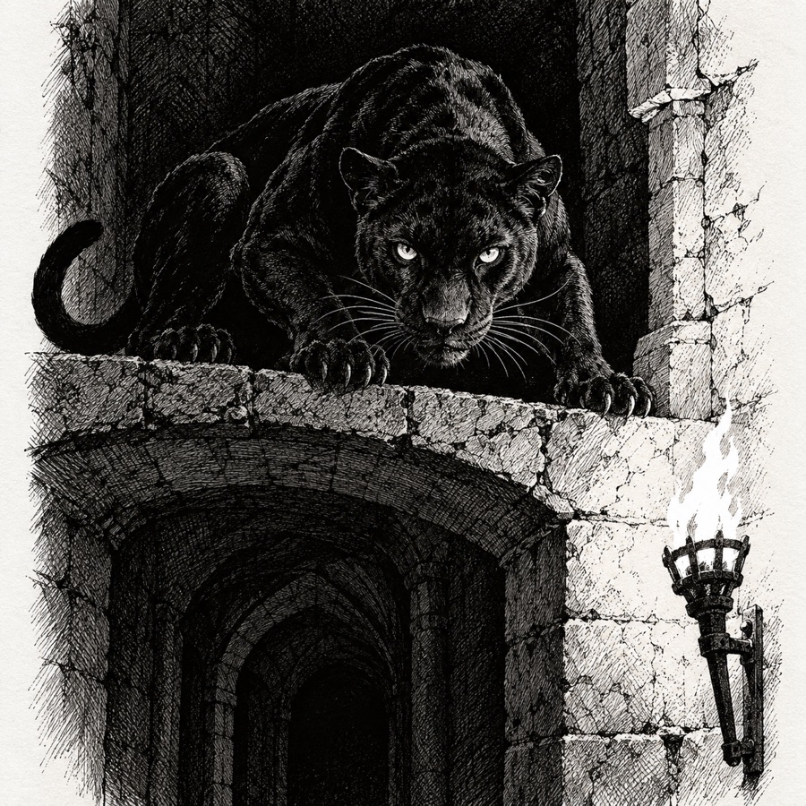 A dusk panther crouched on a ledge above a passage, eyes catching the torchlight.