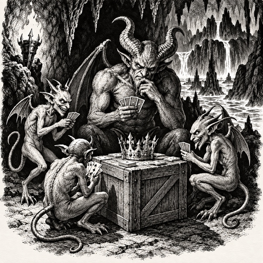 Imps and a horned fiend playing cards on a crate in a magma-lit cave, a gold crown as the stake.