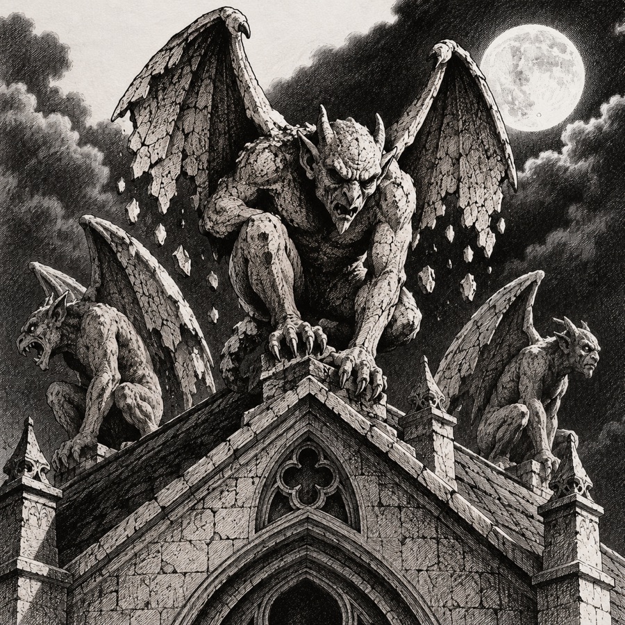 Gargoyles waking on the roof of a crypt chapel, stone cracking off their wings.