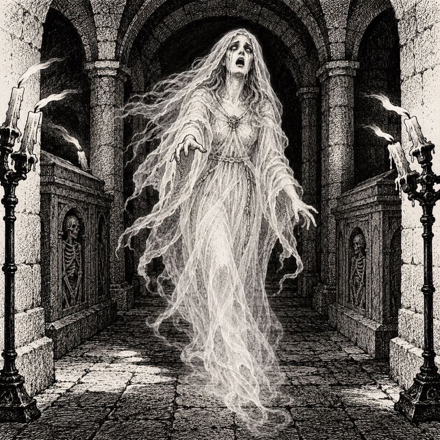 A keening woman, translucent, drifting along a crypt corridor, candles bending away from her.