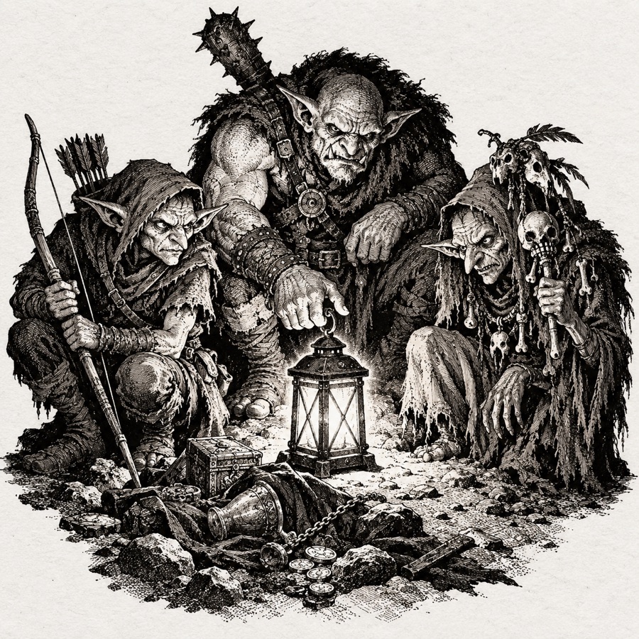 A goblin raiding party: a brute, an archer and a shaman with a bone rattle, crouched around a stolen lantern.