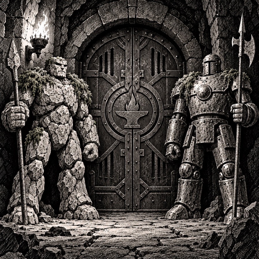A stone golem and an iron golem standing guard at a sealed forge door, moss on their shoulders.