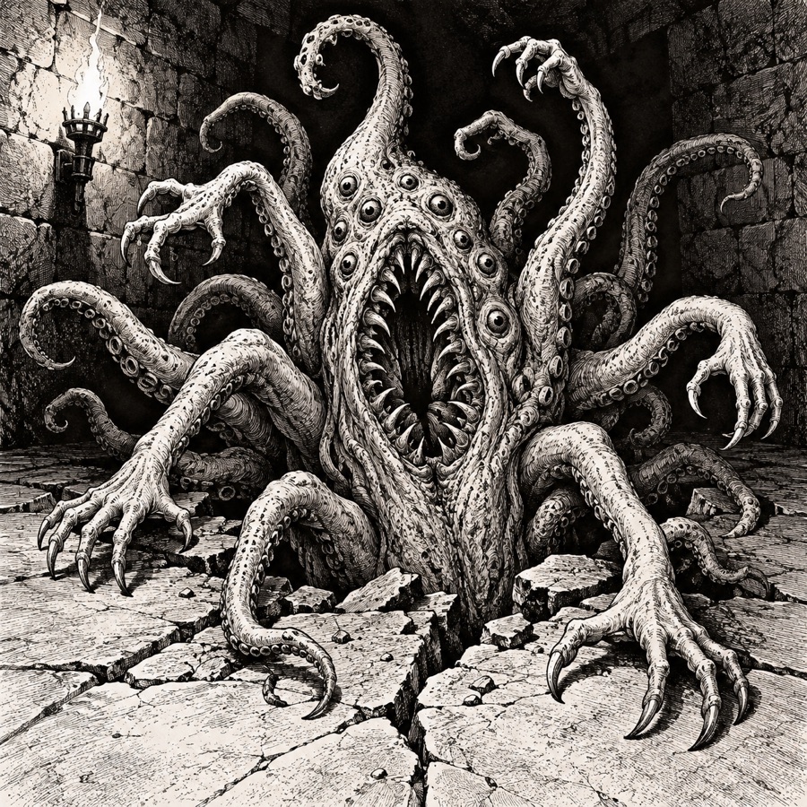 A tentacled horror squeezing up through a crack in the floor, too many arms.