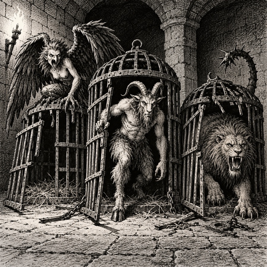 The old royal menagerie: harpy, goat-man and a manticore in broken iron cages, the cage doors hanging open.
