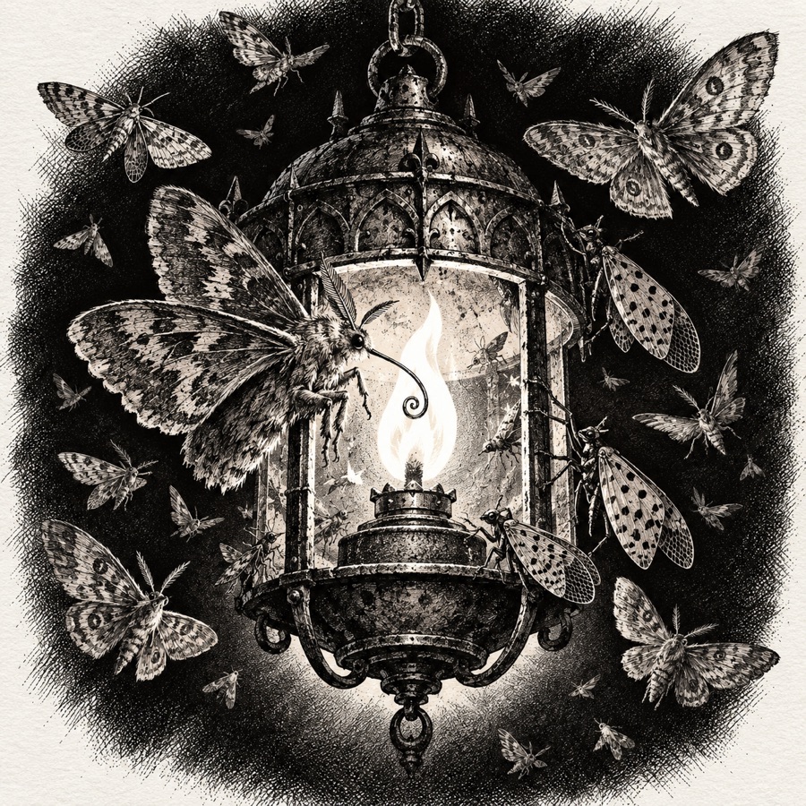 Moths and lantern flies swarming a guttering lamp, one wick moth drinking the flame through a long curled tongue.
