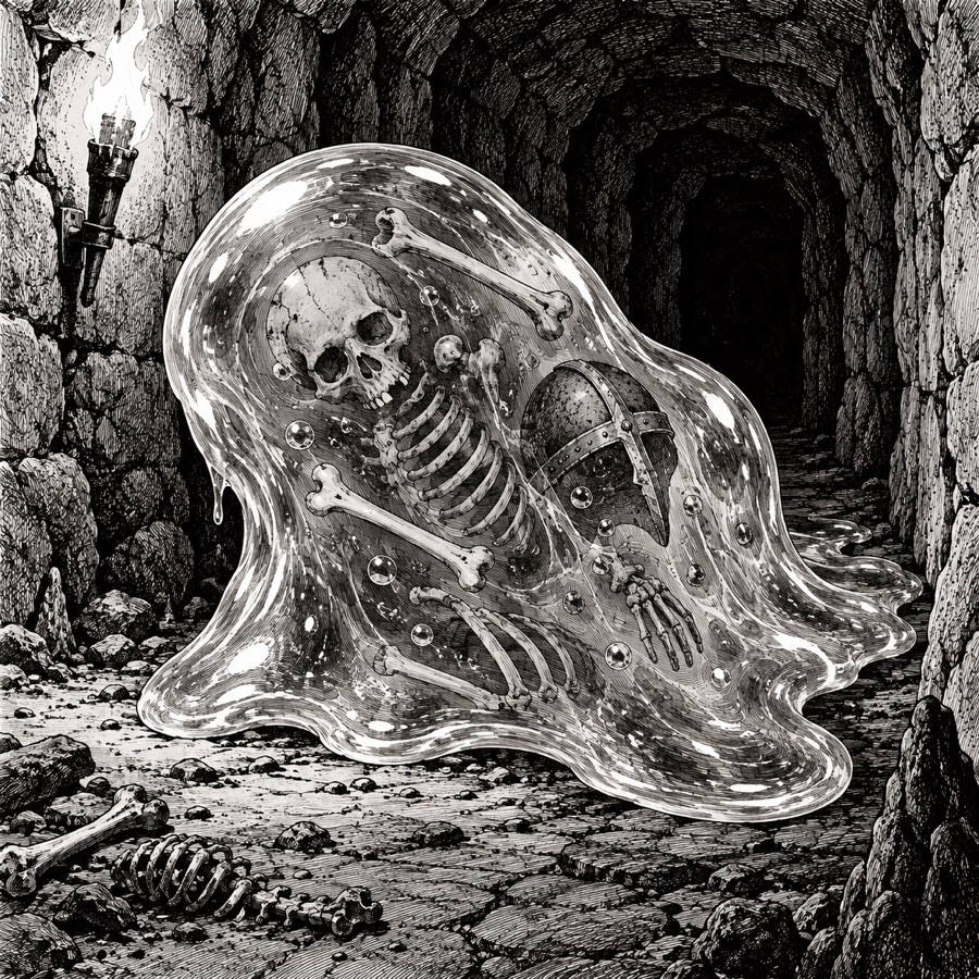 A translucent cave ooze sliding along a corridor with bones and a helmet floating inside it.