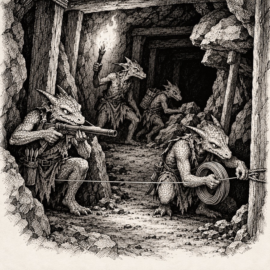 A gang of kobolds setting a trap in a mine gallery, one holding a dart launcher, another a coil of tripwire.