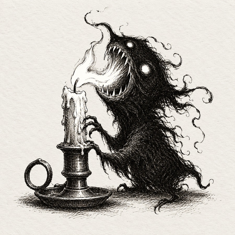 A lantern-eater, a small scrap of living dark with a mouth, swallowing a candle flame that stretches into its maw.