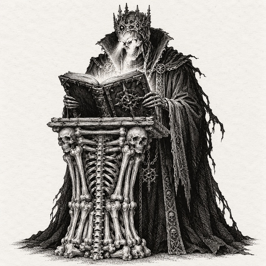 A lich at a lectern of stacked bones, reading a book bound in black metal by the light of its own eyes.