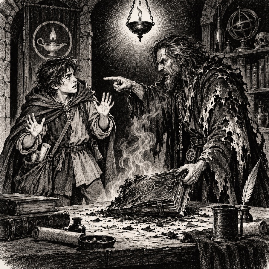 A runaway apprentice and a pyromancer in burnt robes arguing over a smoking spellbook.
