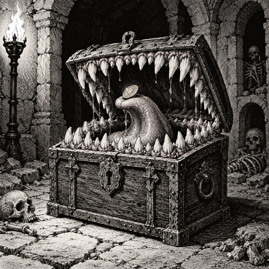 A treasure chest in a crypt whose lid is lined with teeth, a gold coin balanced on its tongue as bait.