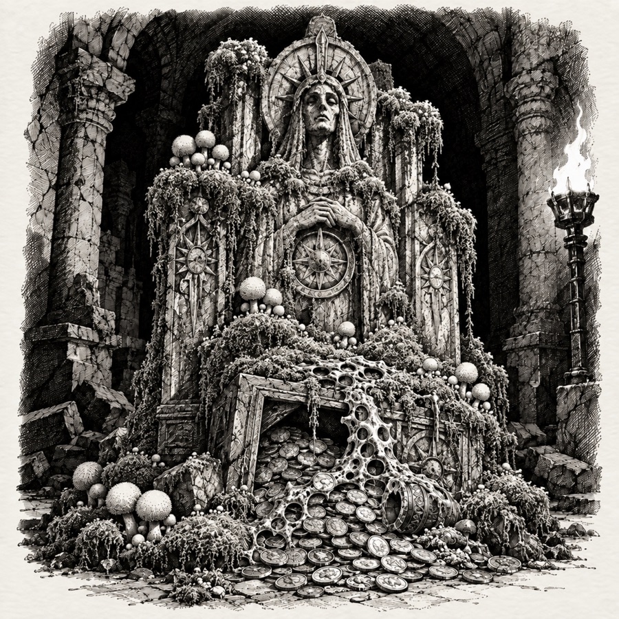 Shrine carvings overgrown with memory moss and puffballs, a gilded mould creeping over a pile of coins.