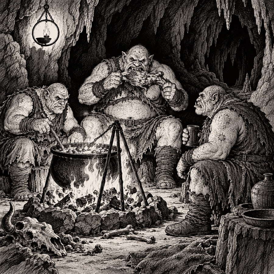 Ogres around a cooking fire in a cavern, one gnawing a whole leg of something.