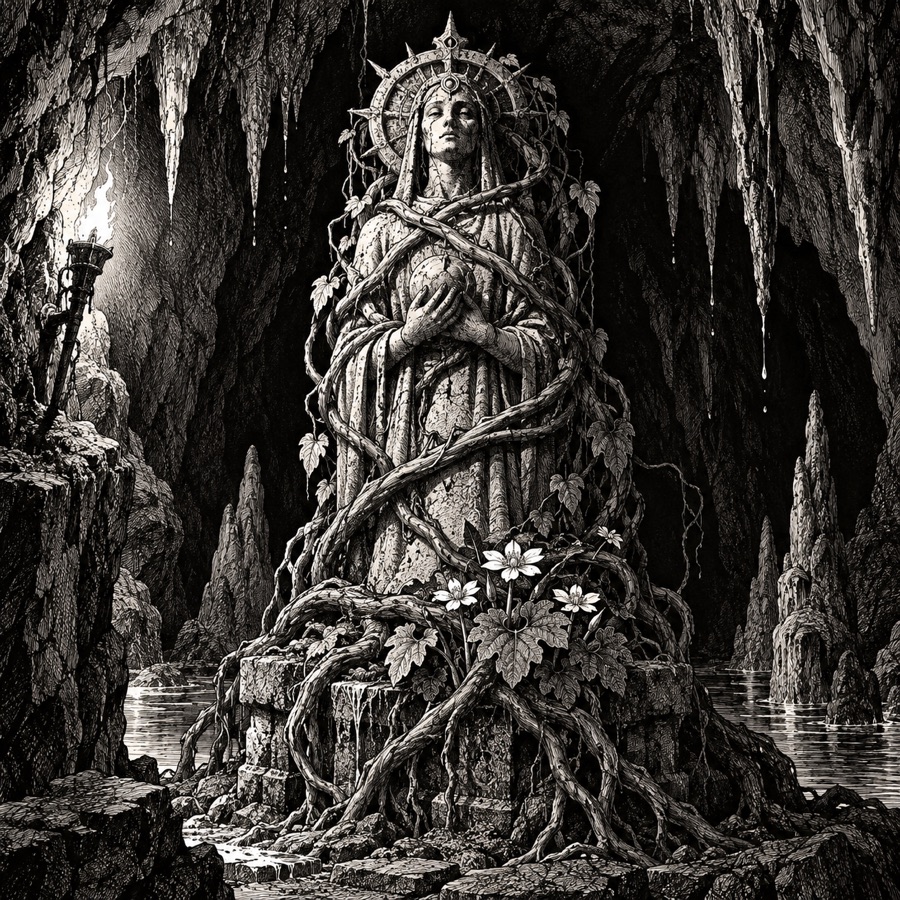 Strangler vines and a bloodroot wrapped around a shrine statue in a dripping cavern.